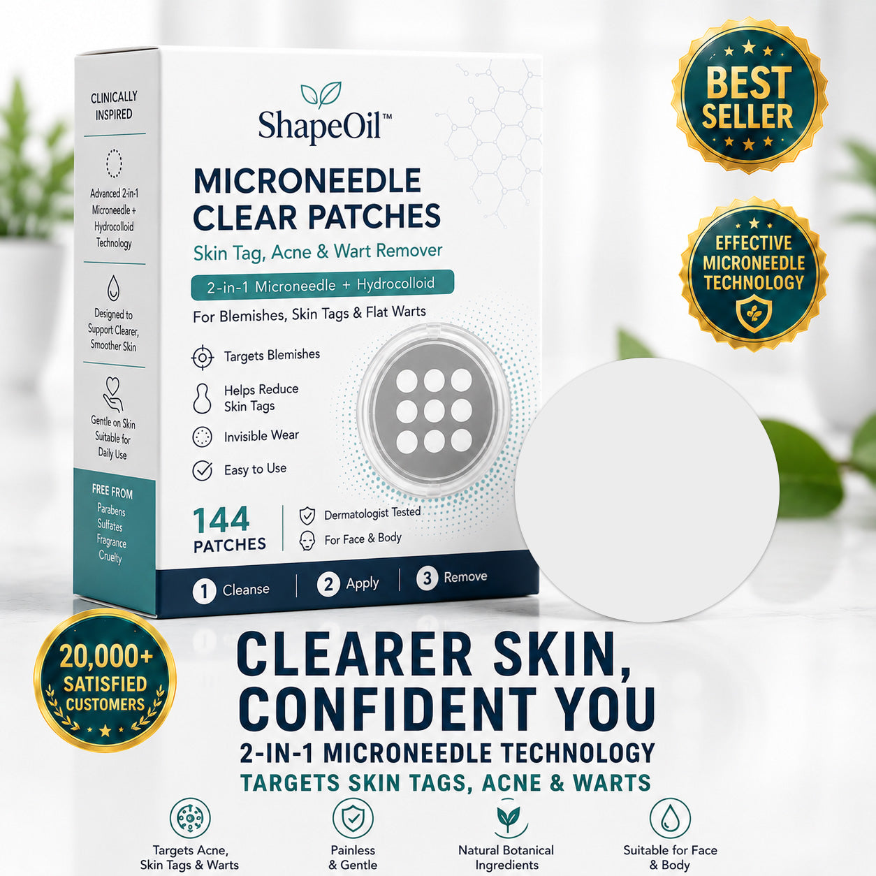 ✨✨ShapeOil®2-in-1 Microneedle & Hydrocolloid Patch🍀| Removes Raised Moles, Acne, Flat Warts & Skin Tags | Helps Improve Wrinkles, Scars & Blemishes | Invisible Patches for Face & Body