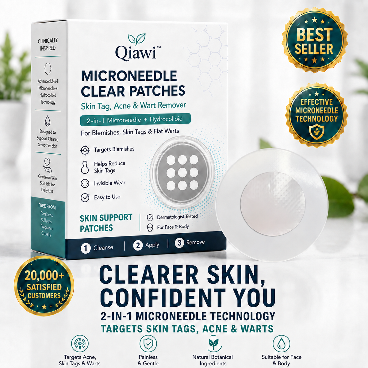 ✨✨Qiawi®2-in-1 Microneedle & Hydrocolloid Patch🍀| Removes Raised Moles, Acne, Flat Warts & Skin Tags | Helps Improve Wrinkles, Scars & Blemishes | Invisible Patches for Face & Body
